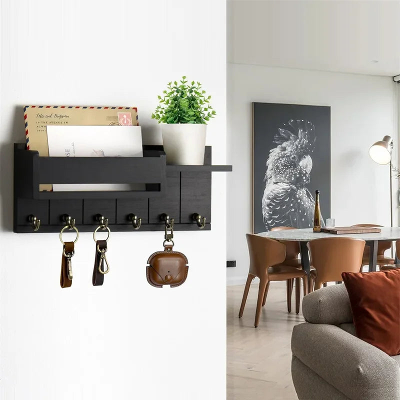 Rustic Wood Wall Key & Mail Organizer – 6-Hook Entryway Shelf
