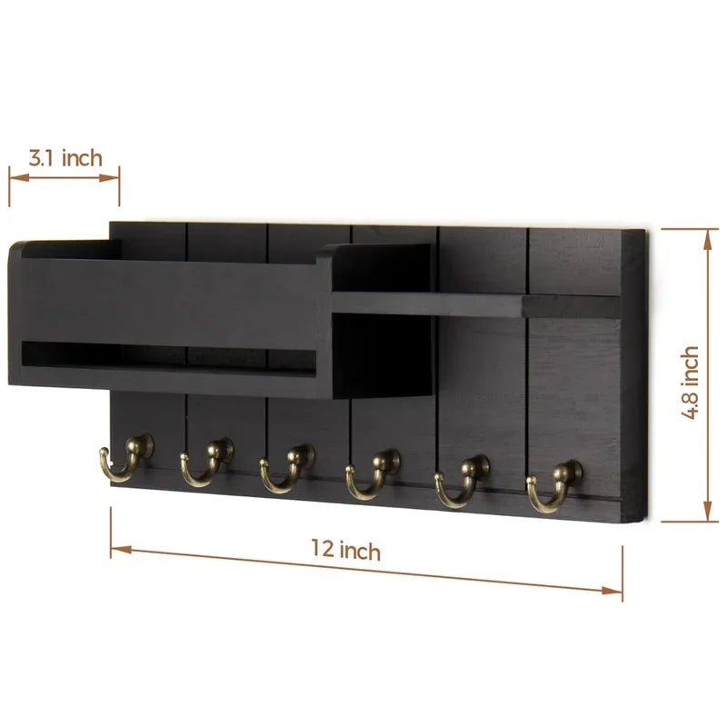 Rustic Wood Wall Key & Mail Organizer – 6-Hook Entryway Shelf