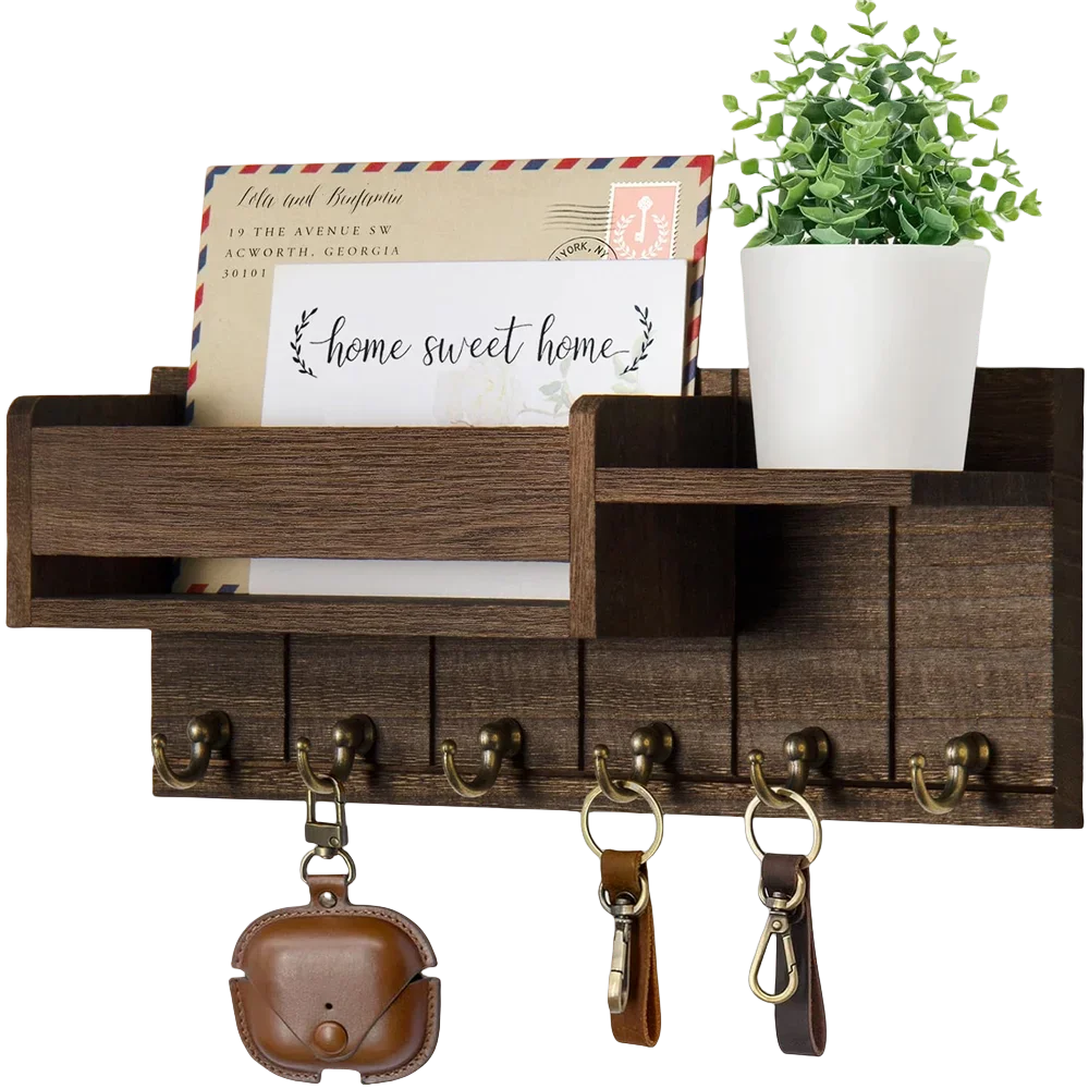 Rustic Wood Wall Key & Mail Organizer – 6-Hook Entryway Shelf