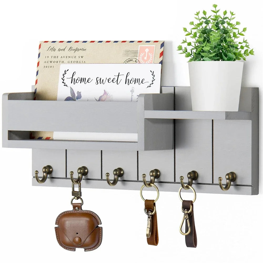 Rustic Wood Wall Key & Mail Organizer – 6-Hook Entryway Shelf