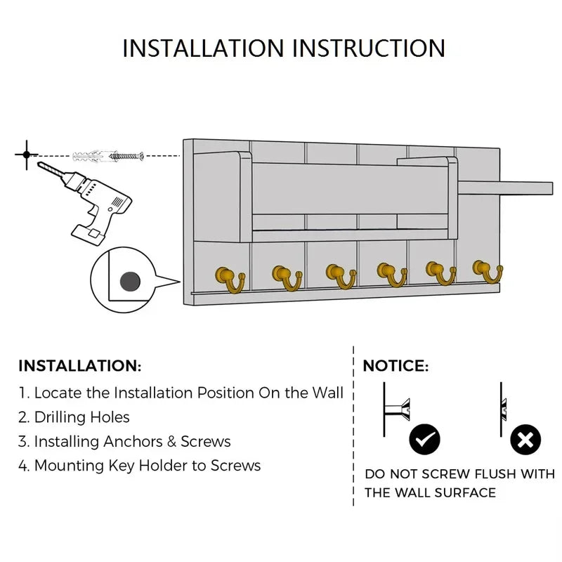 Rustic Wood Wall Key & Mail Organizer – 6-Hook Entryway Shelf