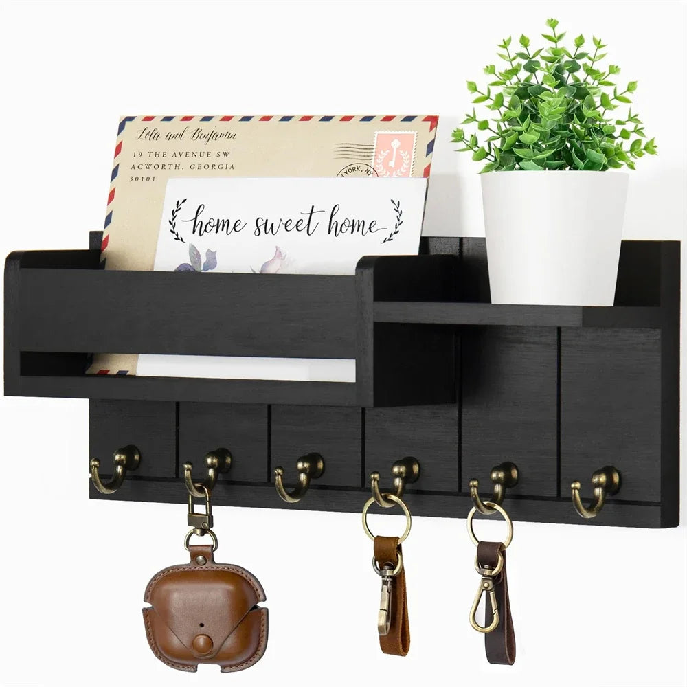 Rustic Wood Wall Key & Mail Organizer – 6-Hook Entryway Shelf