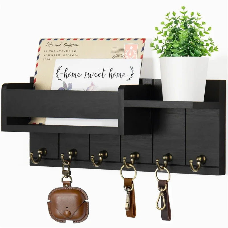 Rustic Wood Wall Key & Mail Organizer – 6-Hook Entryway Shelf